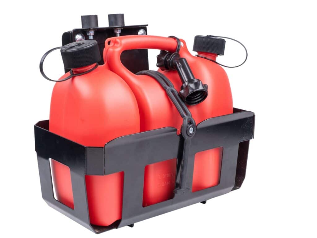 Support de tronçonneuse avec porte-jerrican, double jerrican inclus (6 l + 3 l)